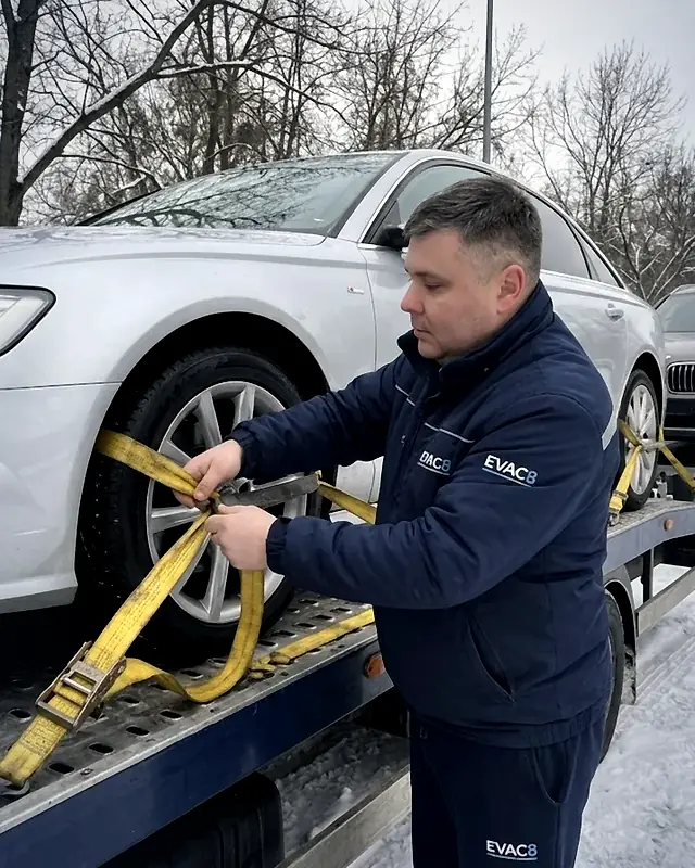 Анатолій кріпить колесо авто ременем на платформі евакуатора
