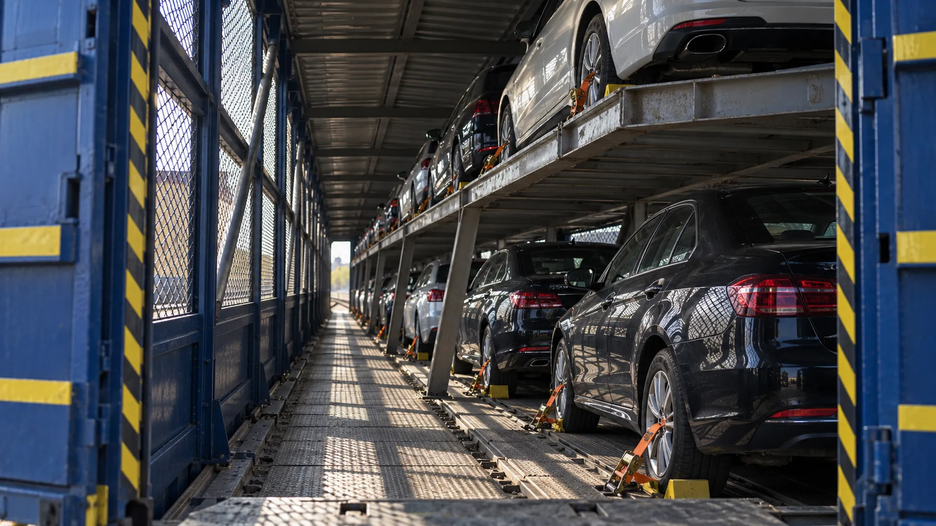 Усередині двоярусного вагона-автовоза: автомобілі закріплені помаранчевими ременями та колодками, світло крізь сітчасті борти
