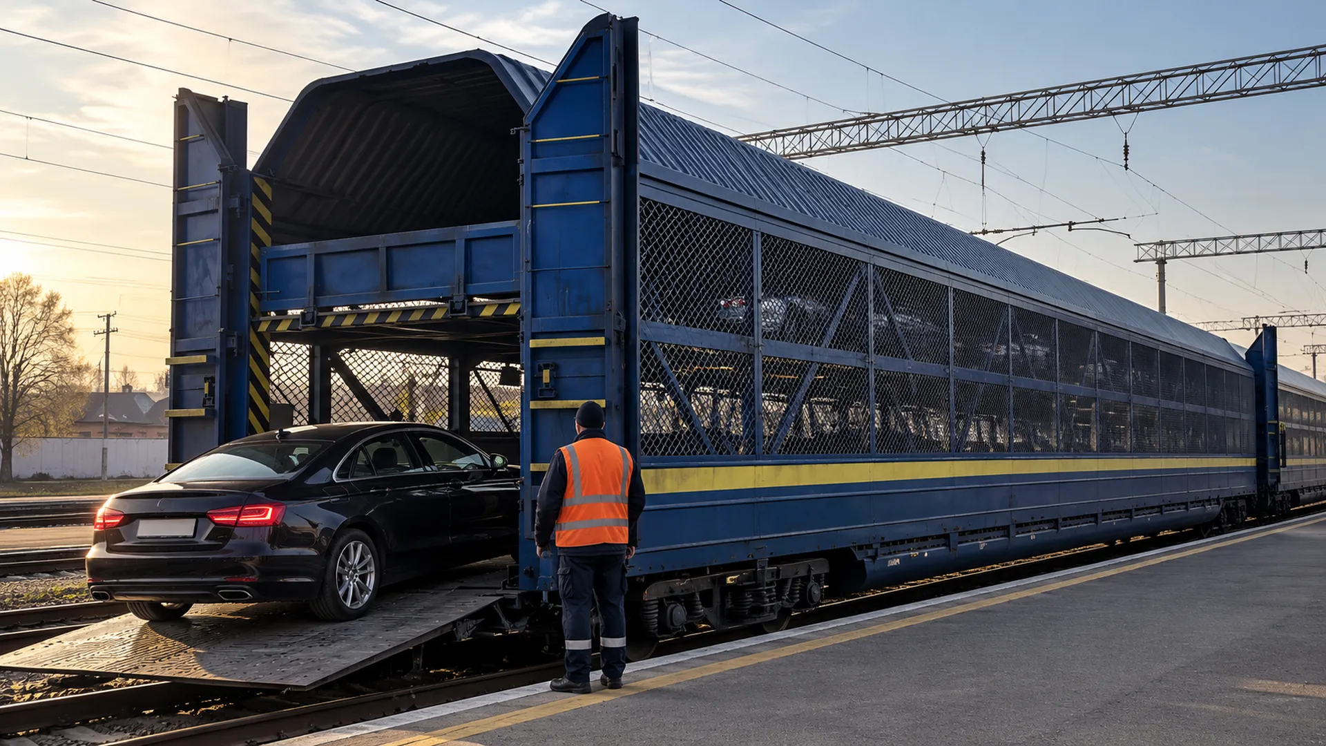 Вагон-автовоз збоку з сітчастими бортами, чорний седан на апарелі, працівник у жилеті спиною