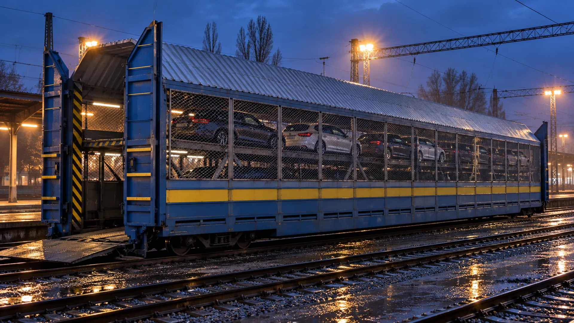 Вагон-автовоз у синьо-жовтій лівреї на станційних коліях у сутінках, крізь сітчасті борти видно автомобілі на двох ярусах